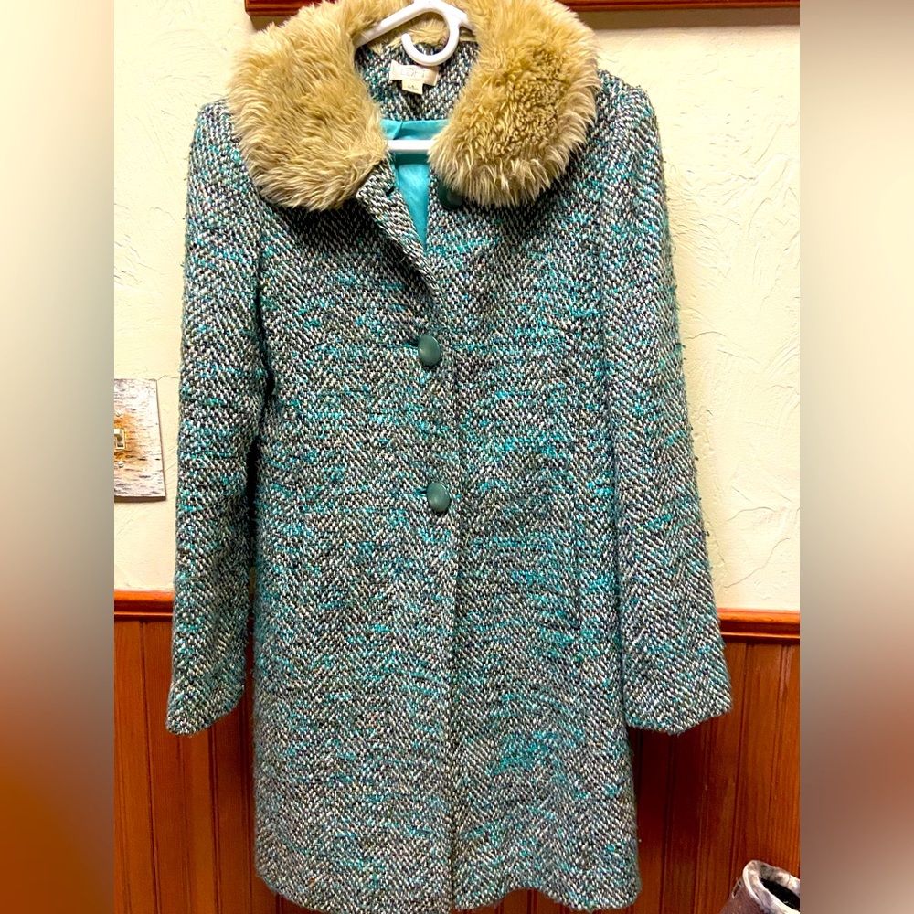 Ann Taylor Loft Bohemian Coat with turquoise and tan colors